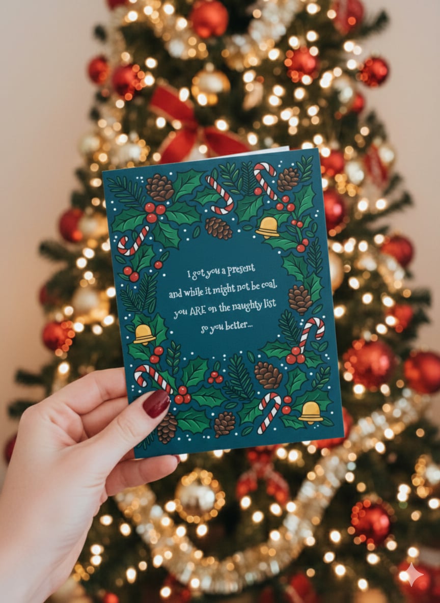 Funny holiday card with profanity and festive design in front of an elaborately decorated Christmas tree