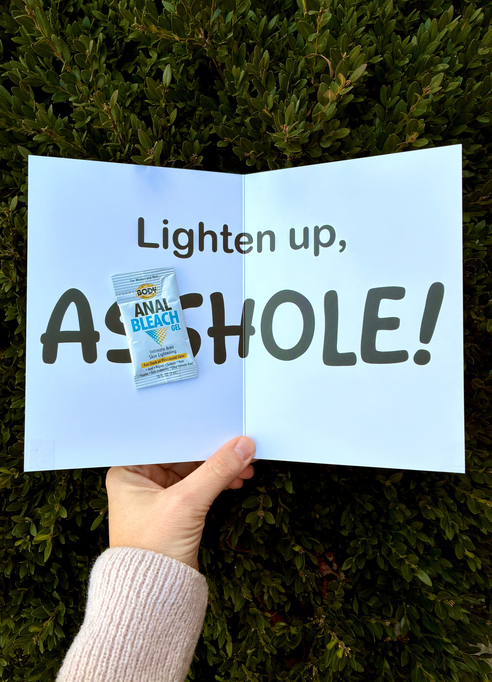 Interior of floral ‘Lighten Up’ greeting card displayed outdoors on green bushes